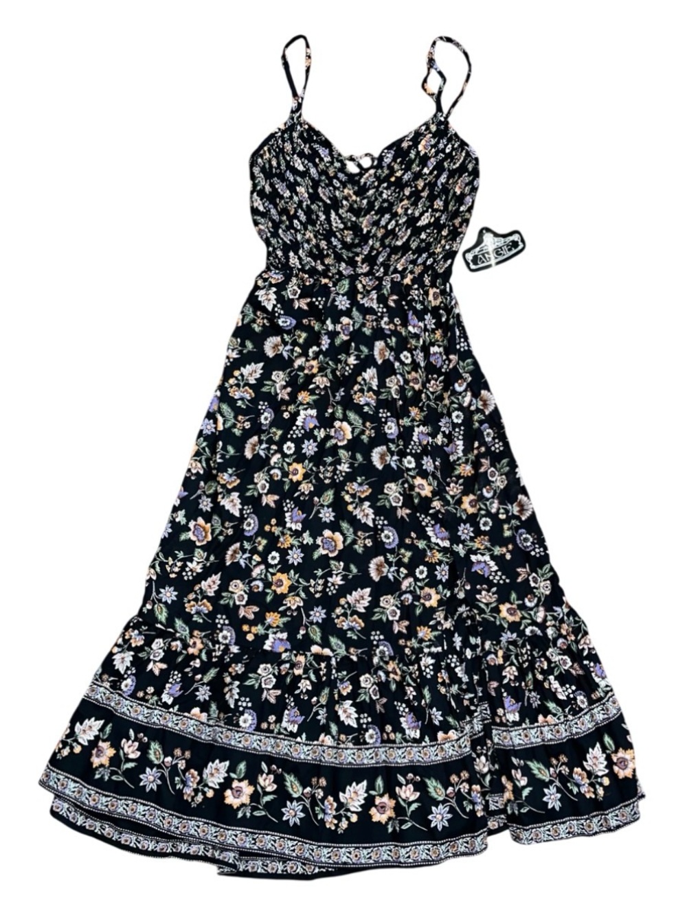 Angie Black Floral Dress Boho Summer Smocked Slit Midi Tie NWT Large